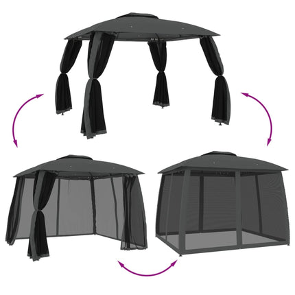 Paviljong med dubbelt tak & nätväggar antracit 2,93x2,93 m stål