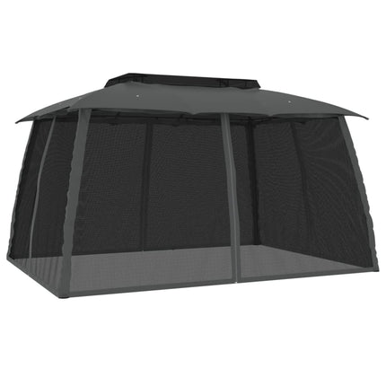 Paviljong med dubbelt tak & nätväggar antracit 3,93x2,93 m stål