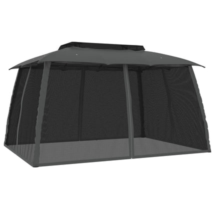 Paviljong med dubbelt tak & nätväggar antracit 3,93x2,93 m stål