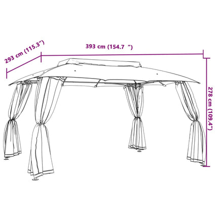 Paviljong med dubbelt tak & nätväggar antracit 3,93x2,93 m stål