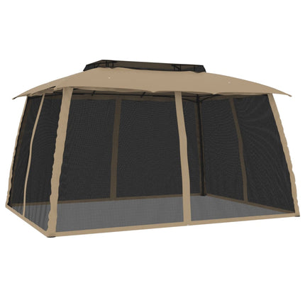 Paviljong med dubbelt tak & nätväggar taupe 3,93x2,93 m stål