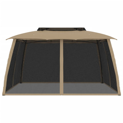 Paviljong med dubbelt tak & nätväggar taupe 3,93x2,93 m stål