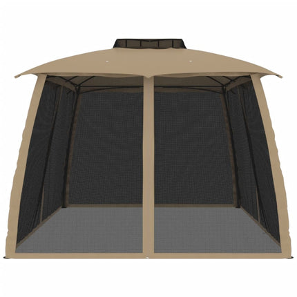 Paviljong med dubbelt tak & nätväggar taupe 3,93x2,93 m stål