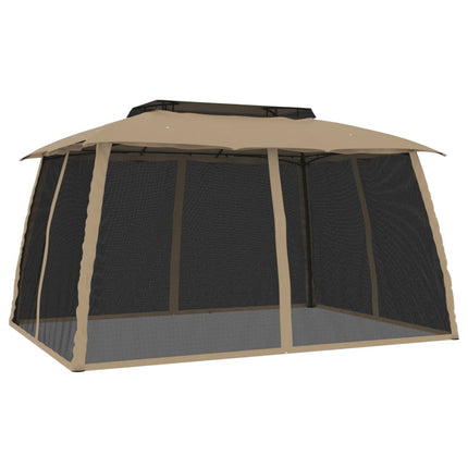Paviljong med dubbelt tak & nätväggar taupe 3,93x2,93 m stål