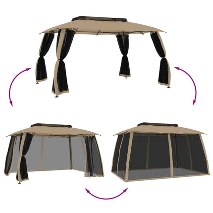 Paviljong med dubbelt tak & nätväggar taupe 3,93x2,93 m stål