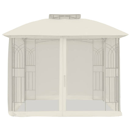 Paviljong med dubbelt tak & nätväggar gräddvit 2,94x2,94 m stål
