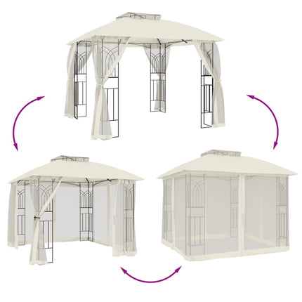 Paviljong med dubbelt tak & nätväggar gräddvit 2,94x2,94 m stål