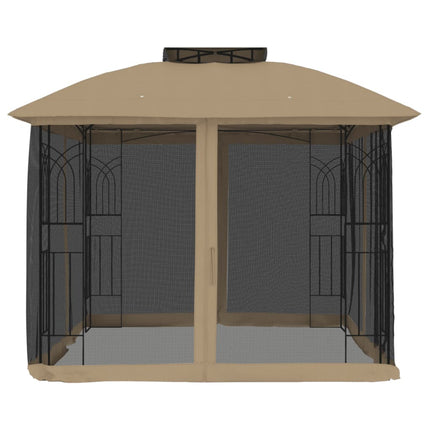 Paviljong med dubbelt tak & nätväggar taupe 2,94x2,94 m stål