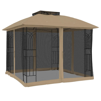 Paviljong med dubbelt tak & nätväggar taupe 2,94x2,94 m stål