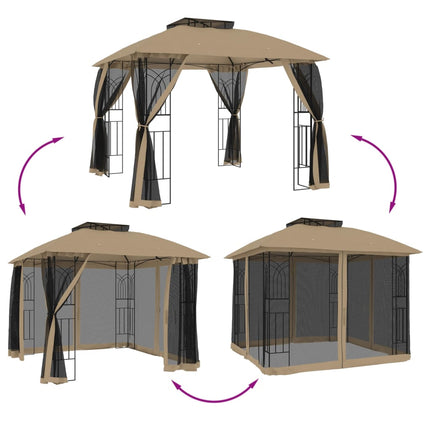 Paviljong med dubbelt tak & nätväggar taupe 2,94x2,94 m stål