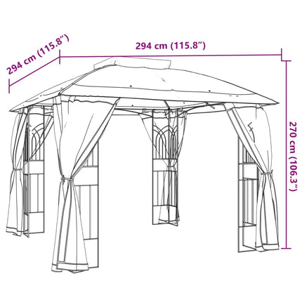 Paviljong med dubbelt tak & nätväggar taupe 2,94x2,94 m stål