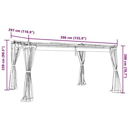 Paviljong med nätväggar taupe 4x3 m stål