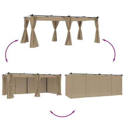 Paviljong med draperi taupe 6x3 m stål