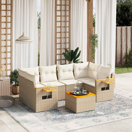 Matgrupp för trädgården med dynor 7 delar beige konstrotting
