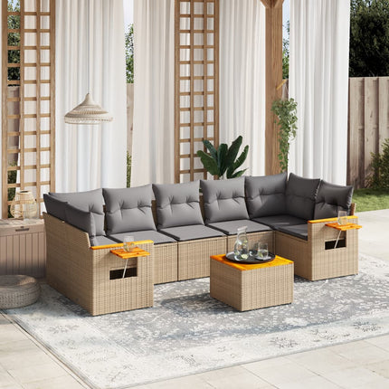 Matgrupp för trädgården med dynor 8 delar beige konstrotting