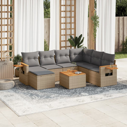 Matgrupp för trädgården med dynor 8 delar beige konstrotting
