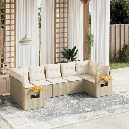 Matgrupp för trädgården med dynor 7 delar beige konstrotting