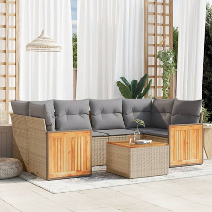 Matgrupp för trädgården med dynor 7 delar beige konstrotting