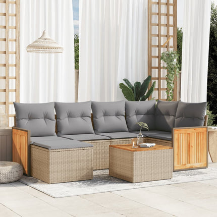 Matgrupp för trädgården med dynor 7 delar beige konstrotting
