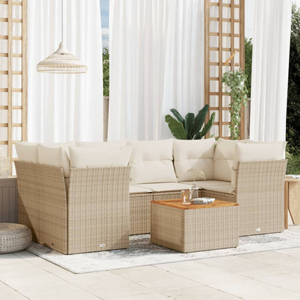 Matgrupp för trädgården med dynor 7 delar beige konstrotting