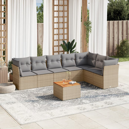 Matgrupp för trädgården med dynor 8 delar beige konstrotting