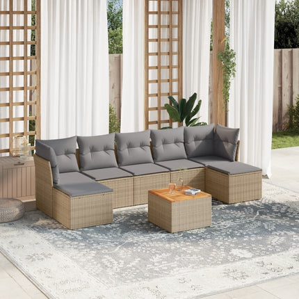 Matgrupp för trädgården med dynor 8 delar beige konstrotting
