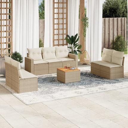 Matgrupp för trädgården med dynor 8 delar beige konstrotting