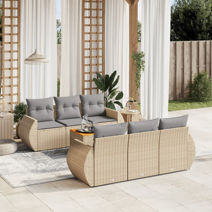 Matgrupp för trädgården med dynor 7 delar beige konstrotting