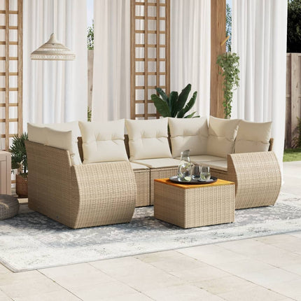 Matgrupp för trädgården med dynor 7 delar beige konstrotting