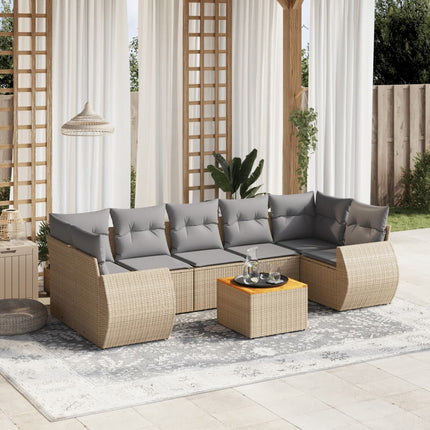 Matgrupp för trädgården med dynor 8 delar beige konstrotting