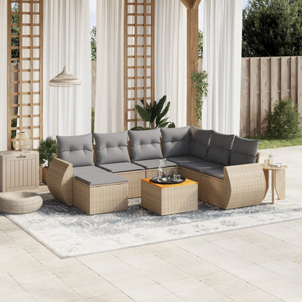 Matgrupp för trädgården med dynor 8 delar beige konstrotting