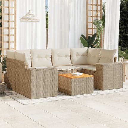 Matgrupp för trädgården med dynor 7 delar beige konstrotting