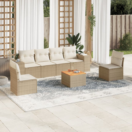 Matgrupp för trädgården med dynor 7 delar beige konstrotting