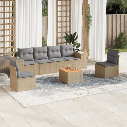 Matgrupp för trädgården med dynor 7 delar beige konstrotting