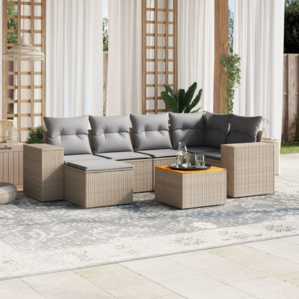 Matgrupp för trädgården med dynor 7 delar beige konstrotting
