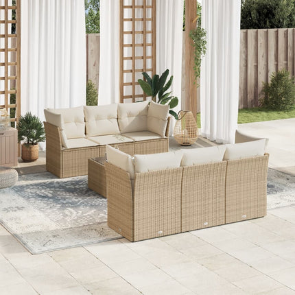Matgrupp för trädgården med dynor 7 delar beige konstrotting