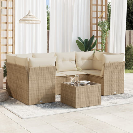 Matgrupp för trädgården med dynor 7 delar beige konstrotting
