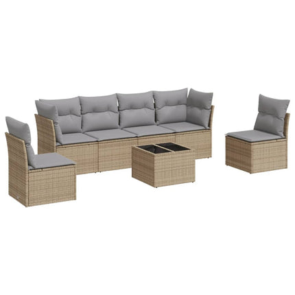 Matgrupp för trädgården med dynor 7 delar beige konstrotting
