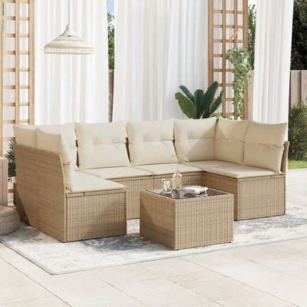 Matgrupp för trädgården med dynor 7 delar beige konstrotting