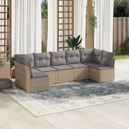 Matgrupp för trädgården med dynor 7 delar beige konstrotting