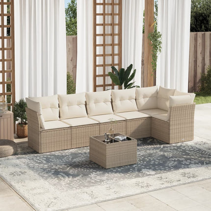 Matgrupp för trädgården med dynor 7 delar beige konstrotting