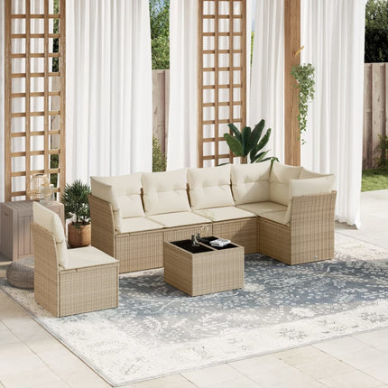 Matgrupp för trädgården med dynor 7 delar beige konstrotting