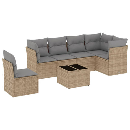 Matgrupp för trädgården med dynor 7 delar beige konstrotting
