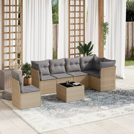 Matgrupp för trädgården med dynor 7 delar beige konstrotting