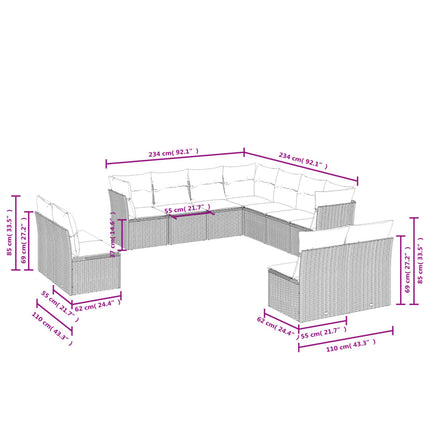 Loungegrupp för trädgården m. dynor 11 delar beige konstrotting