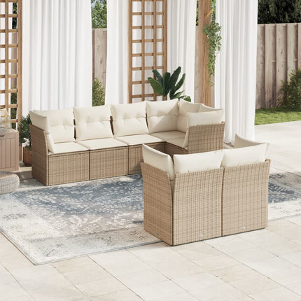 Matgrupp för trädgården med dynor 7 delar beige konstrotting