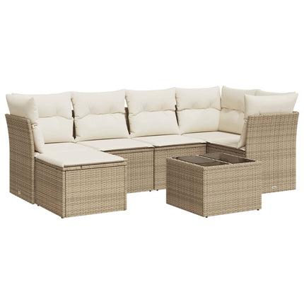 Matgrupp för trädgården med dynor 7 delar beige konstrotting