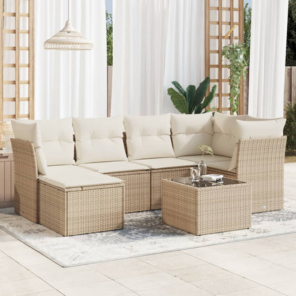 Matgrupp för trädgården med dynor 7 delar beige konstrotting