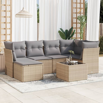Matgrupp för trädgården med dynor 7 delar beige konstrotting