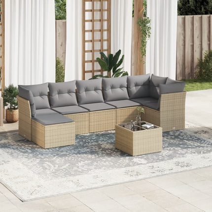 Matgrupp för trädgården med dynor 8 delar beige konstrotting
